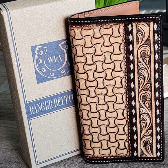 Country Western Floral Tooled Geometric Leather Rodeo Wallet Rawhide Buck Stitch - Picture 3 of 7